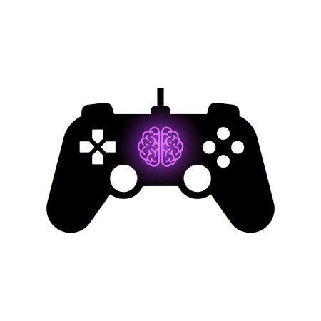 A black video game controller displays a glowing purple brain icon. Clear details and vibrant col...