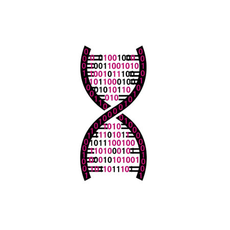 A DNA double helix structure formed by pink and black binary code on white. Clear details and vib...