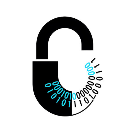 A black lock shape with blue binary code segments appearing to unlock it. Clear details and vibra...