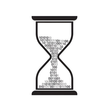 An hourglass silhouette filled with black binary code on a white background. Clear details and vi...