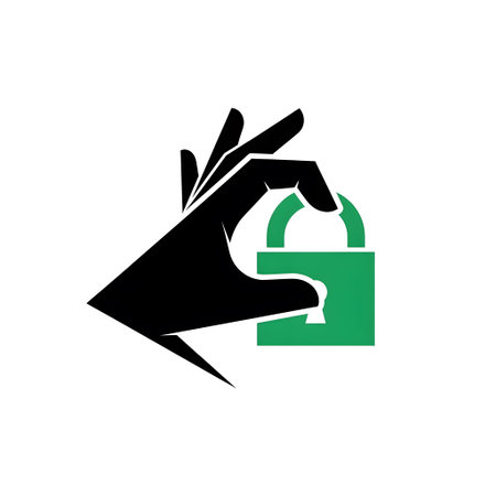 A black hand holds an open green padlock icon on a white background. Clear details and vibrant co...