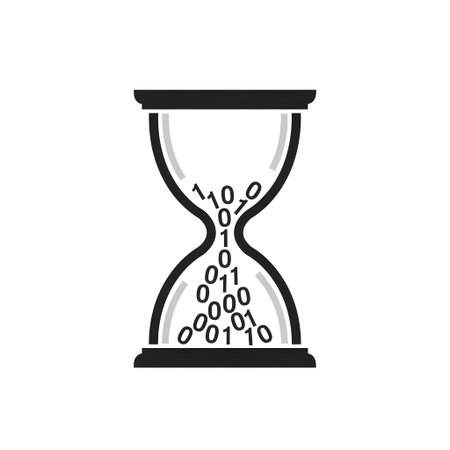 An hourglass with binary code falling through its center on a white background. Clear details and...
