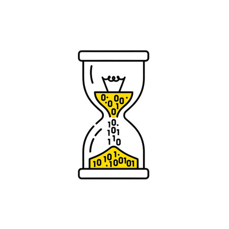 Hourglass showing hourglass with binary code and light bulb icon on white background keywords:...
