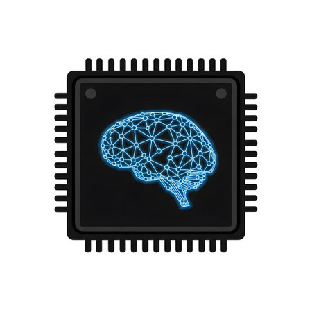 A black microchip with a glowing blue neural network brain graphic on a white background.