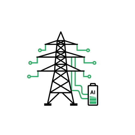 A black outline of a power pylon is connected to a battery icon labeled AI. Clear details and vib...