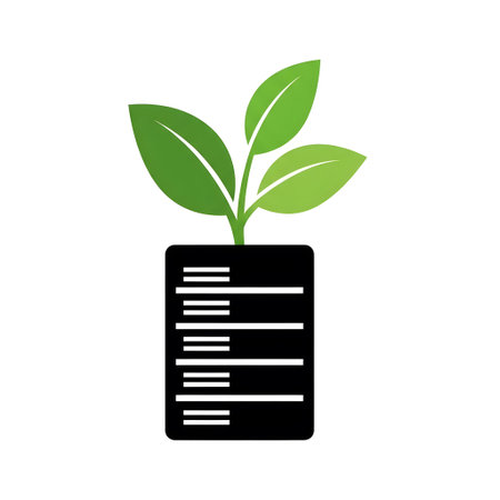 A green sprout with three leaves emerges from a black pot with horizontal measurement lines.