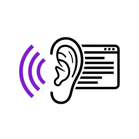 Ear icon with purple sound waves and digital text document on white background Clear details and ...の写真素材