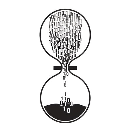 Hourglass with binary code flowing from top to bottom on a white background. Clear details and vi...