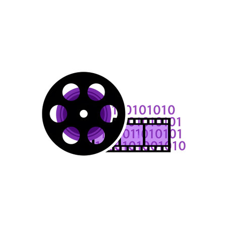 Black film reel with purple film strip and binary code on white background Clear details and vibr...の写真素材