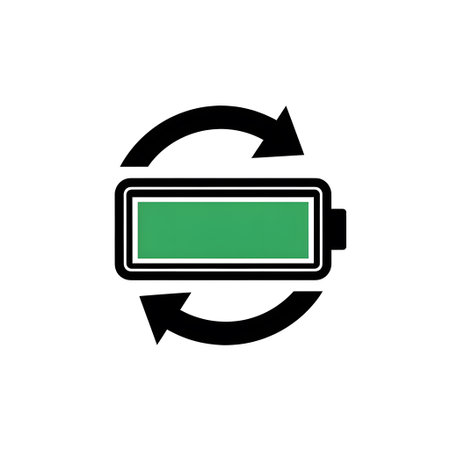 Battery symbol with a green charge level and two curved arrows showing a recharge cycle.の写真素材