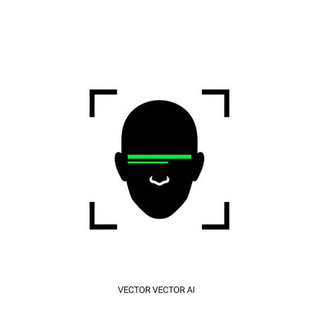 Digital showing face recognition icon with green scan line and corner brackets keywords: face...の写真素材