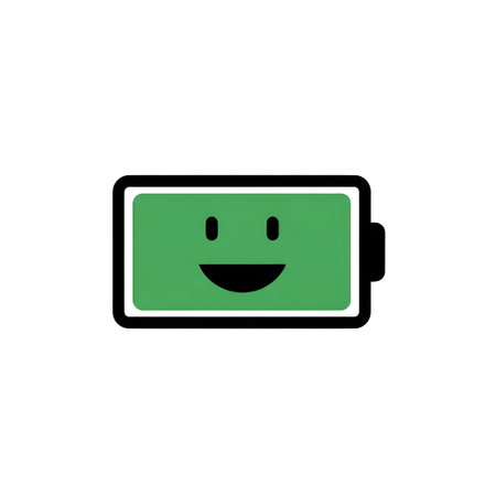 A green battery icon with a smiling face, signifying a full charge. Clear details and vibrant col...