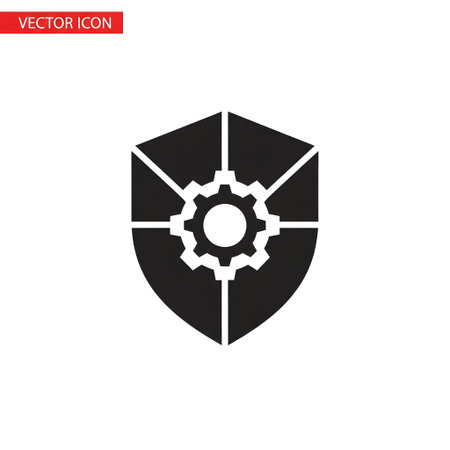 A black shield icon with a gear, on a white background. Clear details and vibran...の写真素材