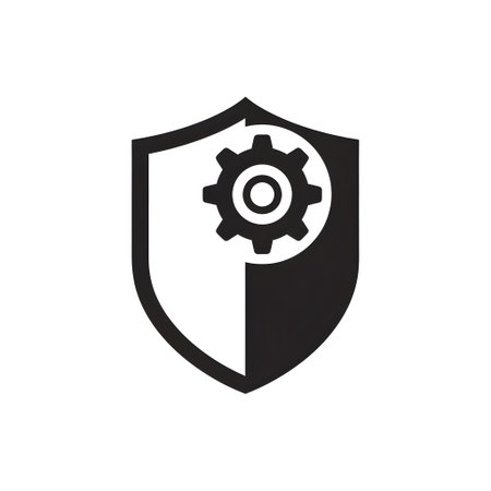 A black and white shield icon with a gear symbol prominently displayed on its surface.の写真素材