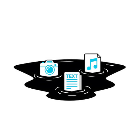 Camera, text, and music icons submerged in black liquid with ripples. Clear details and vibrant c...