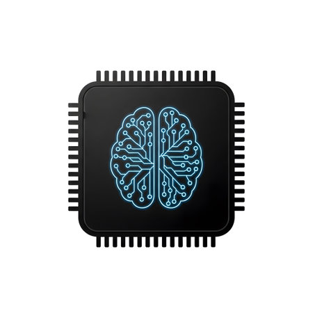 A black microchip with a glowing blue brain-shaped circuit pattern. Clear details and vibrant col...