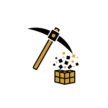 A pickaxe striking a golden cube with small squares flying out, representing mining.の写真素材