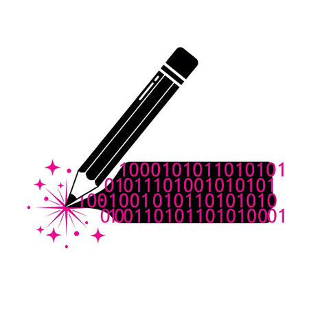 A black pencil draws pink binary code with sparkling effects on white. Clear details and vibrant ...