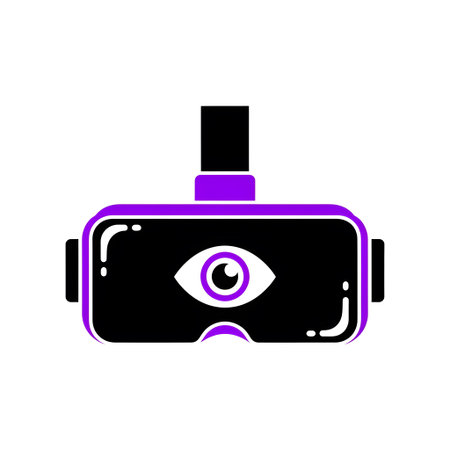A purple and black VR headset icon with an eye symbol on the front, on a white background.の写真素材