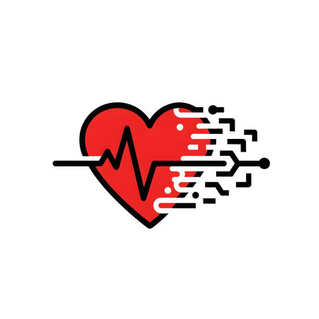 A red heart with a black electrocardiogram line and digital data flowing out on white.