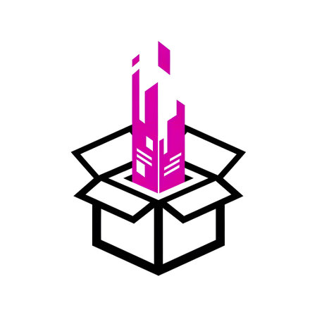 A pink abstract skyscraper emerges from an open black outlined box. Clear details and vibrant col...の写真素材