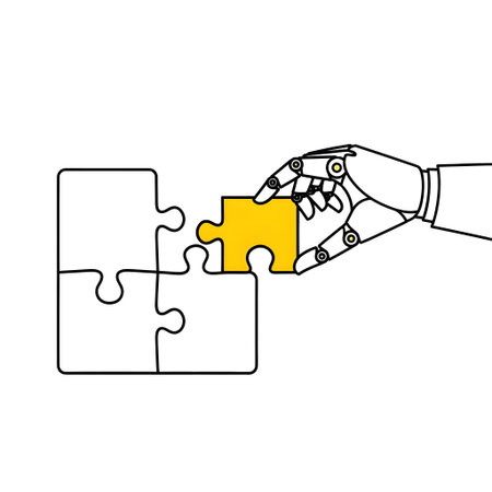 A robot hand placing a yellow puzzle piece into a white puzzle on a white background.の写真素材