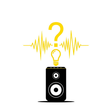 A black speaker with a yellow lightbulb, question mark, and sound waves on a white background.の写真素材