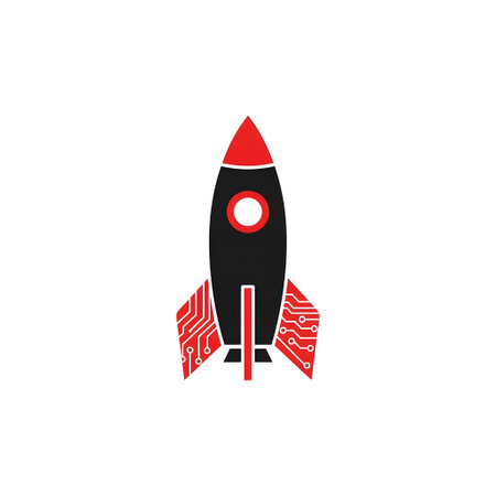 A black and red rocket ship with circuit board patterns on its fins, on a white background.の写真素材
