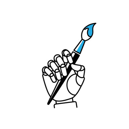 A robotic hand holding a paintbrush with blue bristles on a white background Clear details and vi...の写真素材