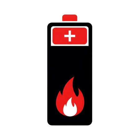 Black battery icon with red top and flame symbol on white background Clear details and vibrant co...