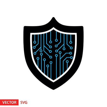 A shield shape filled with a blue digital circuit board pattern on a white background.の写真素材