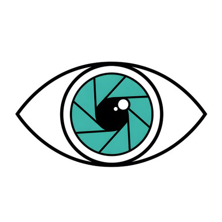 A stylized human eye with a turquoise camera aperture as the iris on a white background.の写真素材
