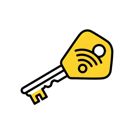 A yellow key with a black outline and a wifi symbol on its head on white. Clear details and vibra...の写真素材