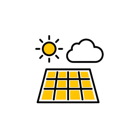 A solar panel with a sun and cloud icon on a white background. Clear details and vibrant colors e...