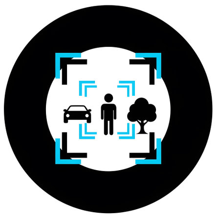 A circular target reticle with icons of a car, person, and tree in the center. Clear details and ...の写真素材