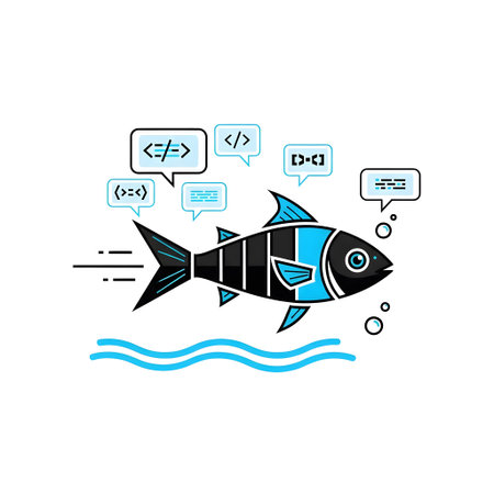 A stylized fish swims with coding symbols in speech bubbles above it. Clear details and vibrant c...