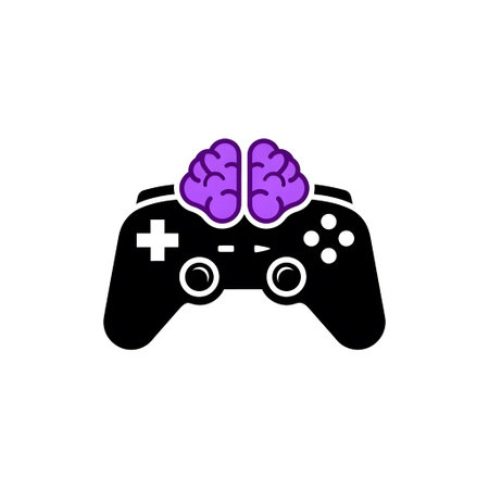 A black video game controller with a purple brain icon on a white background. Clear details and v...