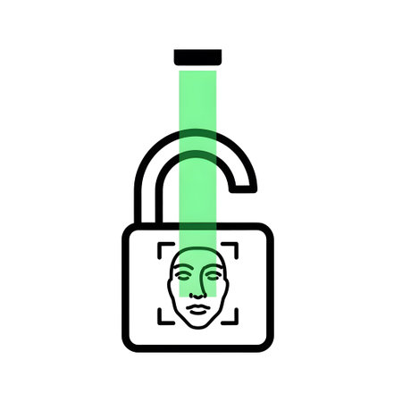 Digital showing unlocked padlock with face scan and green light beam keywords: padlock, unlock,...