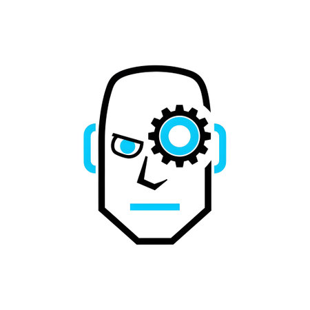 A stylized robot head with a blue gear in its eye and blue accents on a white background.の写真素材