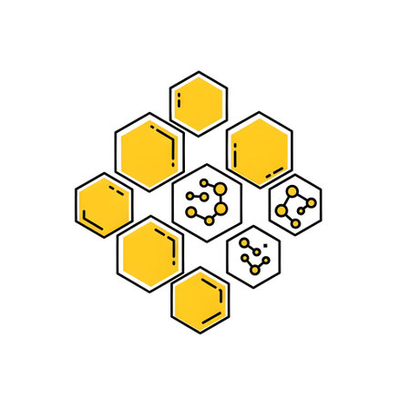 Cluster of yellow hexagons with black outlines, some containing molecular structures.