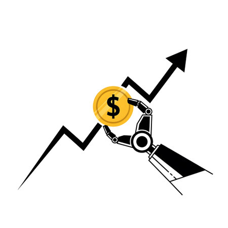 Business/ showing robot hand holding coin with upward trend graph keywords: robot hand, coin,...の写真素材