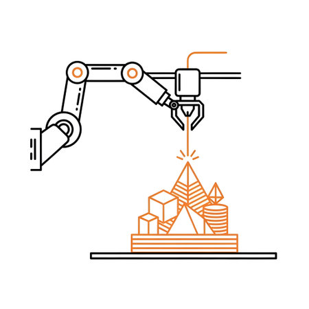 Digital showing robotic arm 3d printing geometric shapes on white background keywords: robot...