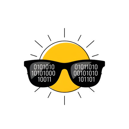 A yellow sun with rays wears black sunglasses displaying binary code. Clear details and vibrant c...
