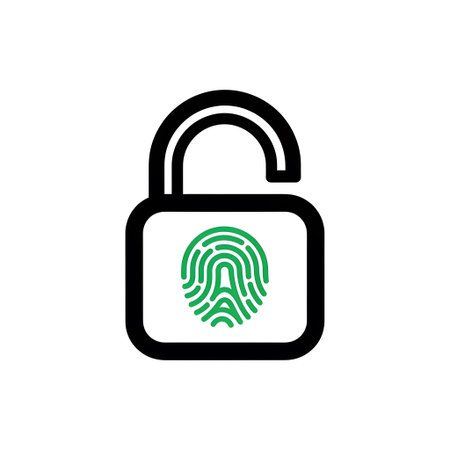An unlocked padlock with a green fingerprint icon inside on a white background. Clear details and...の写真素材