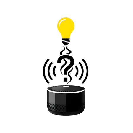 A smart speaker emits a question mark and a lightbulb on a white background. Clear details and vi...の写真素材