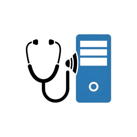 A stethoscope is placed next to a blue computer tower with a wifi signal. Clear details and vibra...の写真素材