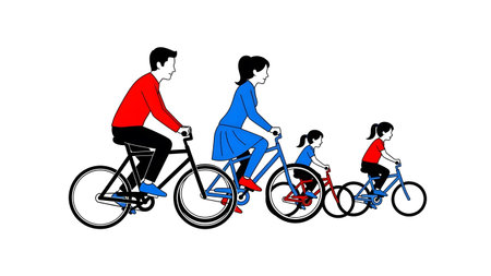A family of four rides bicycles in a line, with parents and children on white background.
