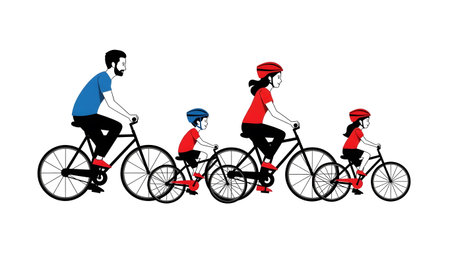 A family of four, parents and children, riding bicycles together. Clear details and vibrant color...