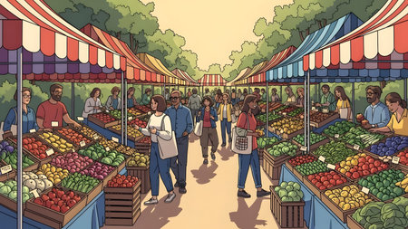 People browse stalls overflowing with colorful fruits and vegetables at an outdoor farmers market.