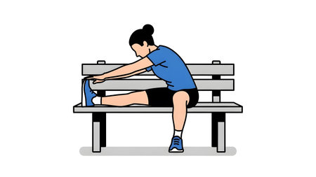 Stretching showing illustration of woman stretching hamstring on park bench. High resolution...